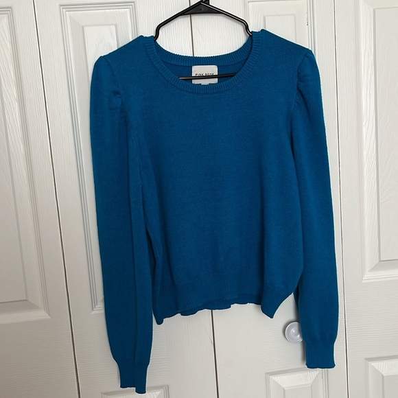 Pink Rose Puff Sleeve & Ribbed Hem Crew Neck Sweater Blue Sz M/L - Picture 5 of 13